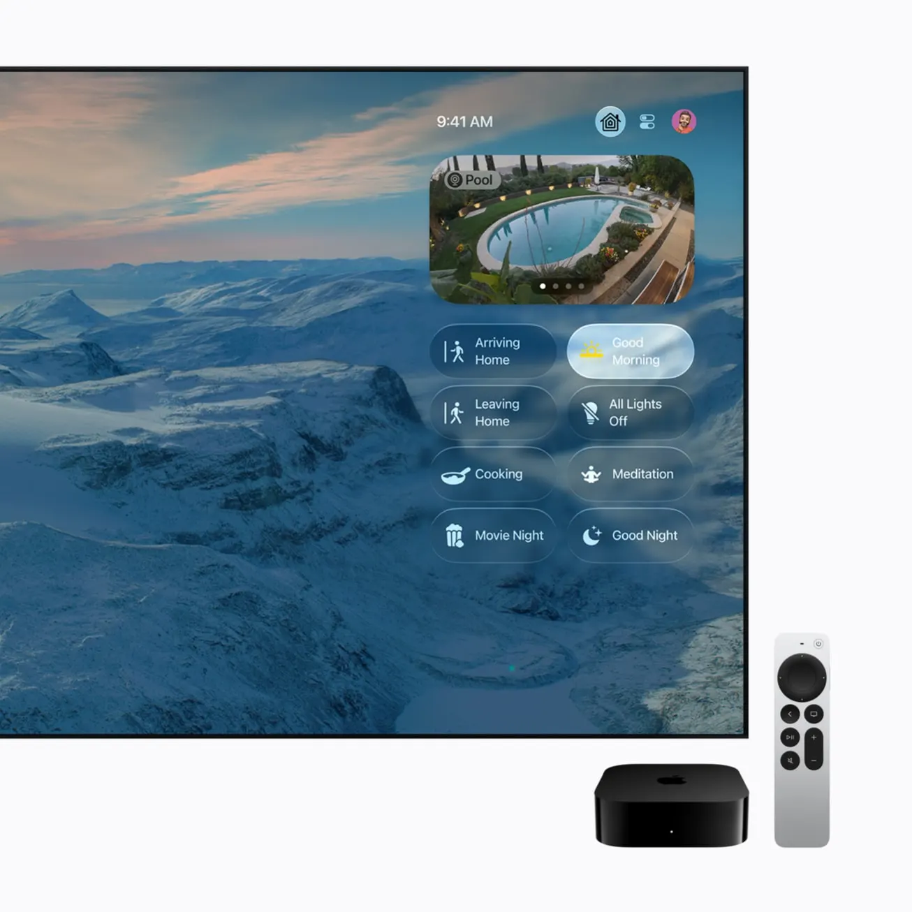 Apple TV 4K 電視畫面上的智慧家庭控制介面