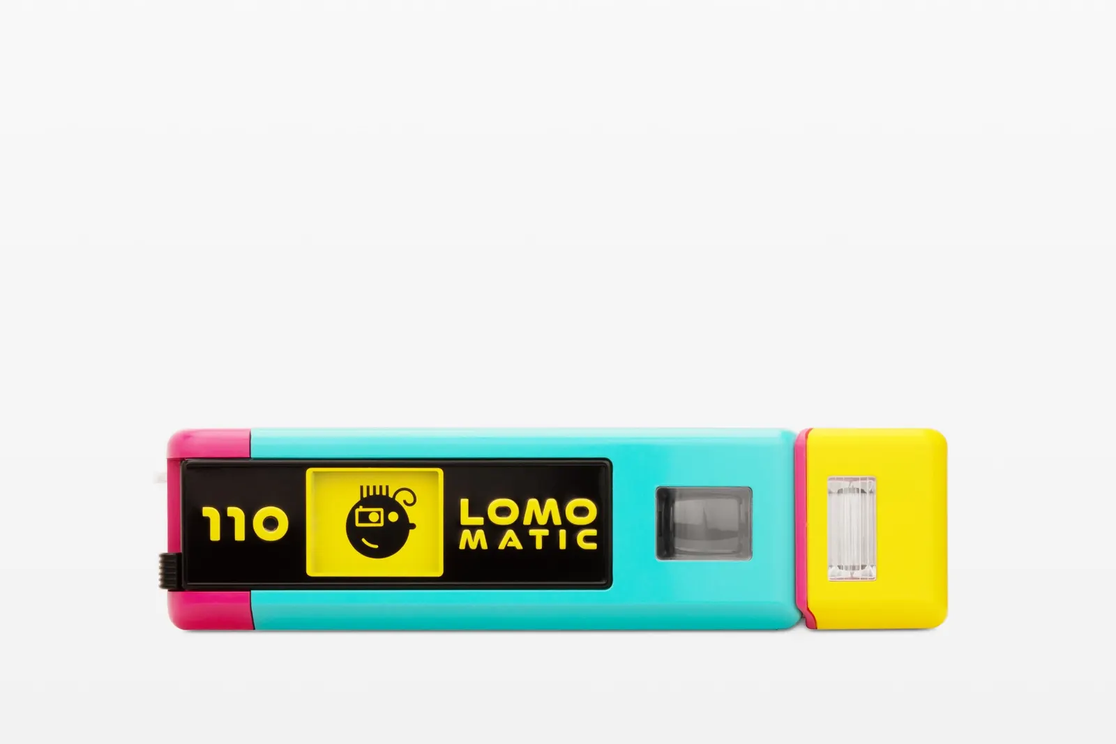 Lomography 官方 Lomomatic 110 Discomatic 收合狀態正面圖，呈現彩色機身與滑動結構