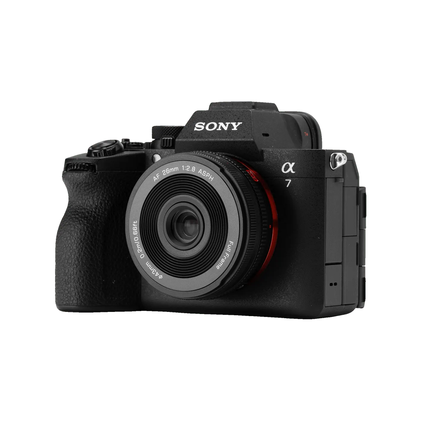 Viltrox 官方示意 AF 26mm F2.8 EVO 裝在 Sony 全片幅機身上的體積
