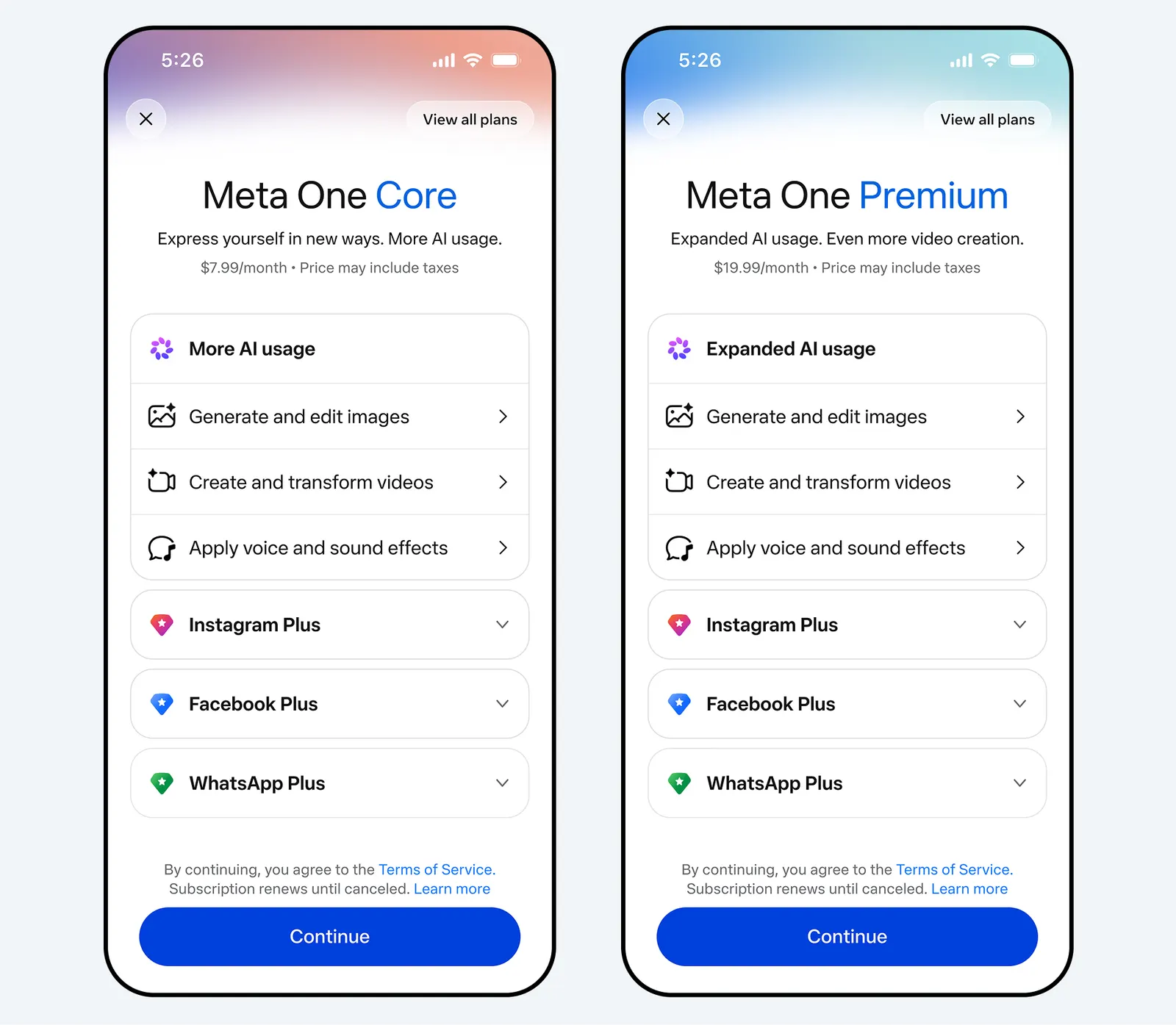 Meta One Core 與 Premium 官方功能介面