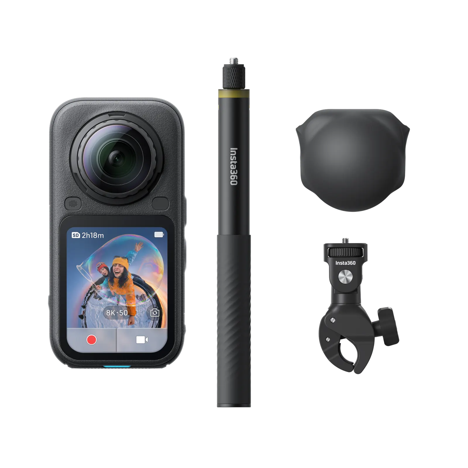 Insta360 X6 官方機車套裝產品圖，包含相機、重型夾具、隱形自拍棒與鏡頭保護套