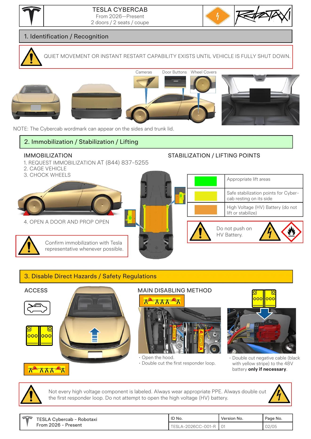 Tesla Cybercab 官方救援圖說明車輛辨識與斷電位置，Courtesy of Tesla, Inc.