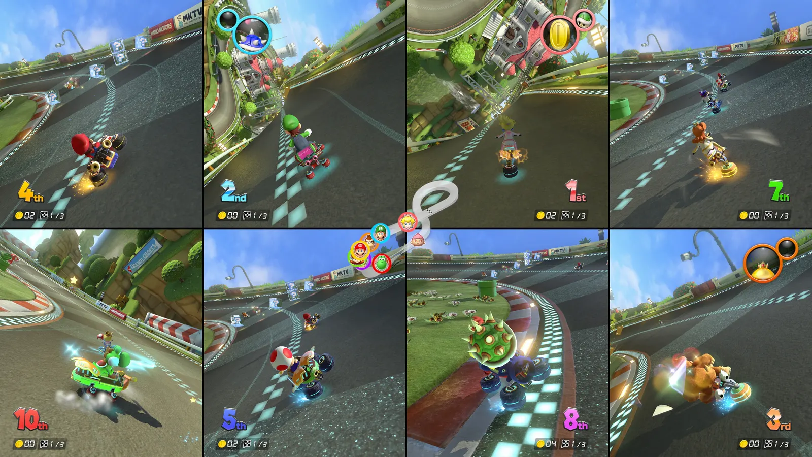 Mario Kart 8 Deluxe 在 Switch 2 顯示八人分割畫面的官方截圖