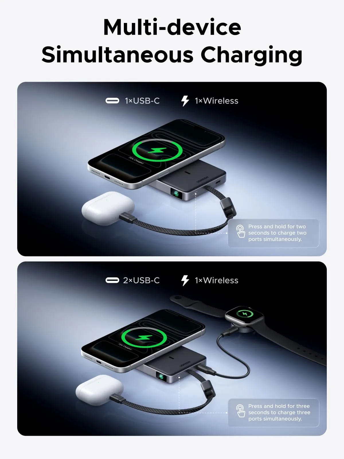多裝置模式可同時使用磁吸與 USB-C 充電。