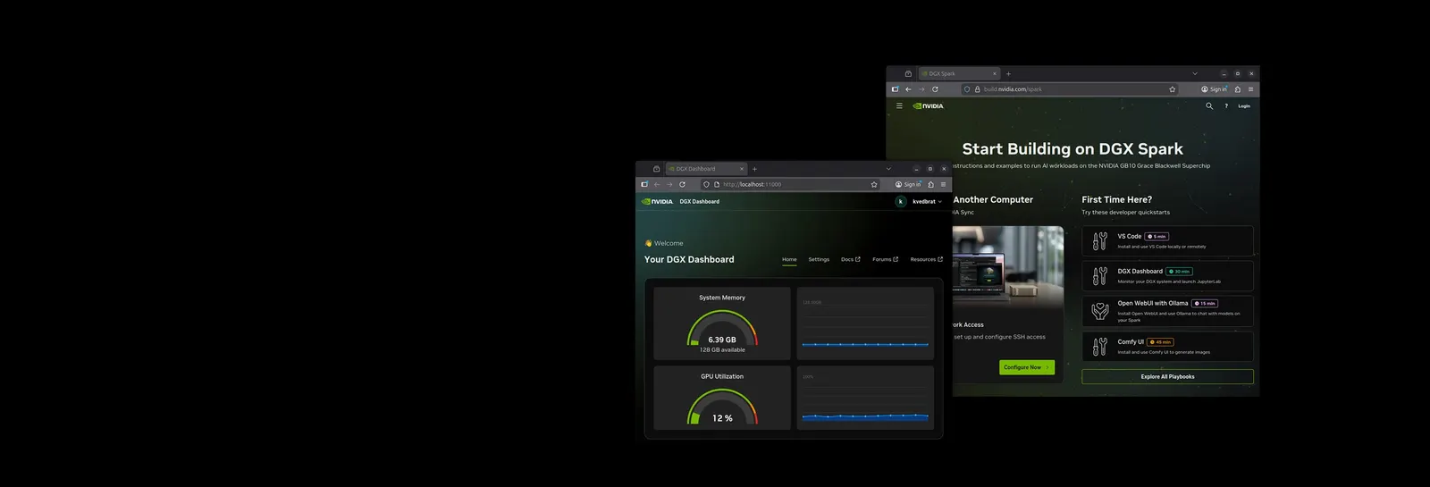 NVIDIA DGX Spark 官方軟體介面示意圖，顯示系統儀表板與本機 AI 工作入口