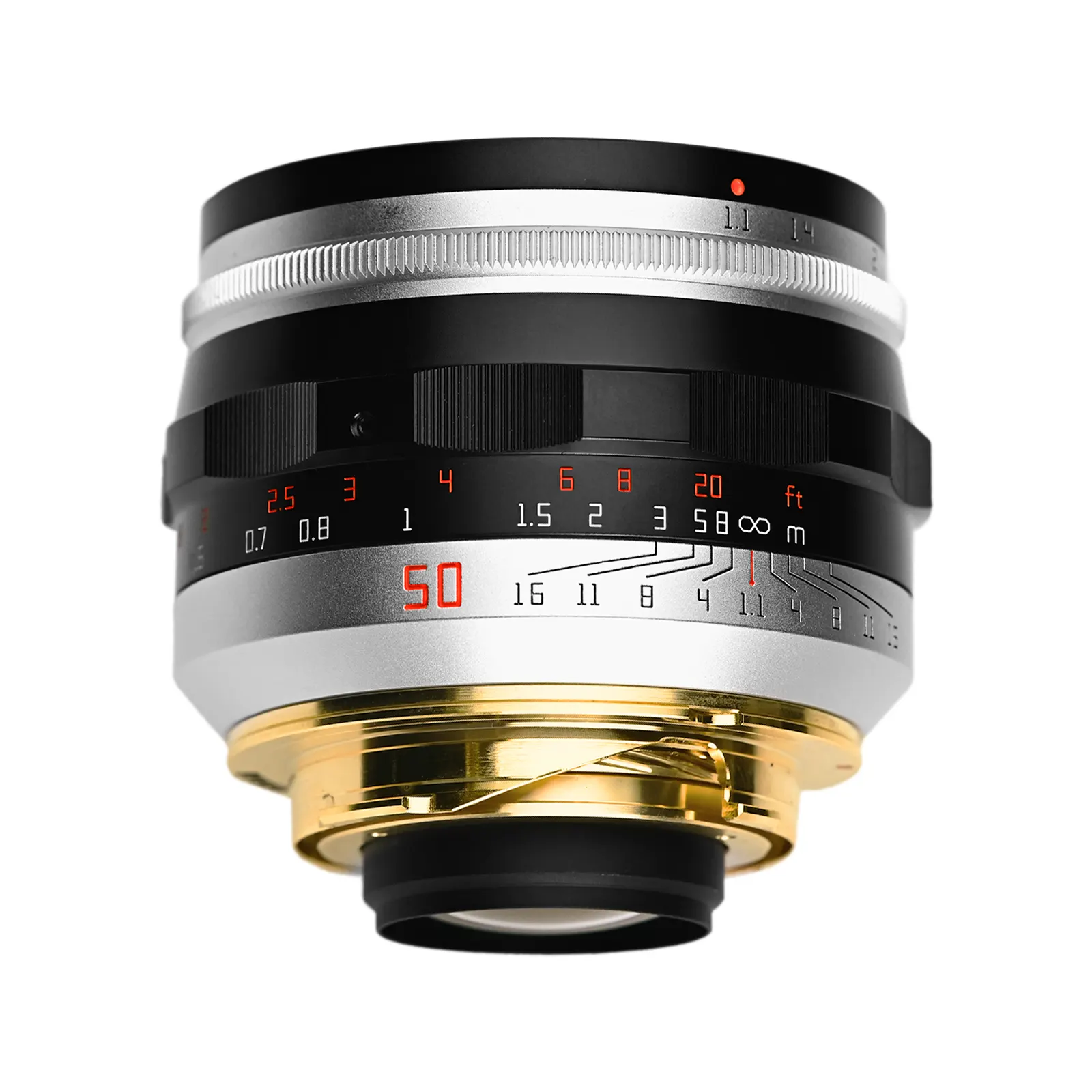 LAILENS LTM 50mm F1.1 KP 黑色版本的官方近照，用來說明 52mm 濾鏡口徑、對焦環與光圈刻度