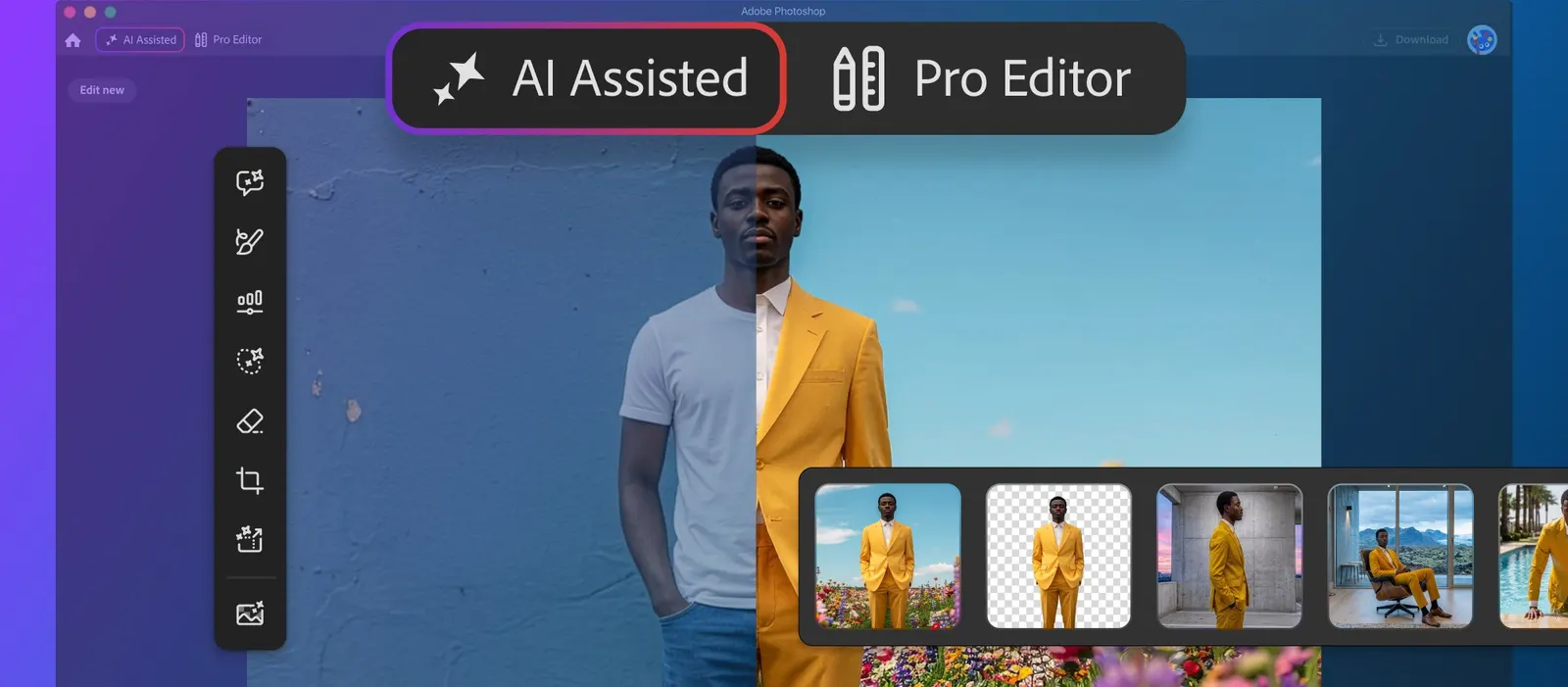 Photoshop AI Assisted Editor 與 Pro Editor 雙入口官方介面示意圖